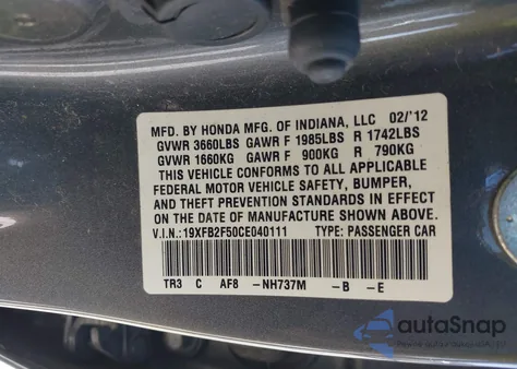2012 Honda Civic Lx from USA, damaged, VIN 19XFB2F50CE040111
